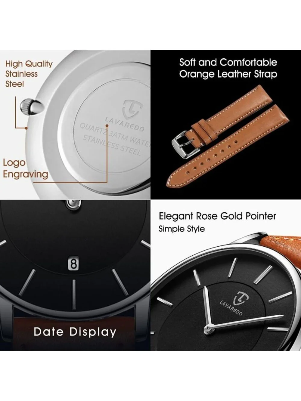 Men's Black Orange Leather Strap Analog Minimalist Fashion Simple Wrist Watch